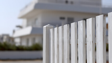 White picket fence close-up with modern building in blurred background, bright outdoor scene, daytime, architectural detail, texture