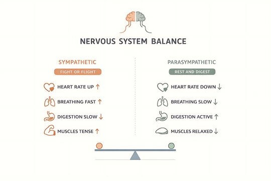 Sympathetic vs Parasympathetic Nervous System Balance Infographic with Fight or Flight and Rest and Digest responses.
