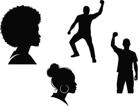 Black silhouette people with afro hairstyle, bun with earrings, raised fist protest pose, empowerment, cultural identity, social justice vector illustration