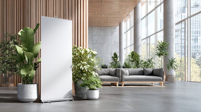 modern office hall with roll up standee banner mockup and blank white template for commercial presentation promotion exhibition display and professional branding concept