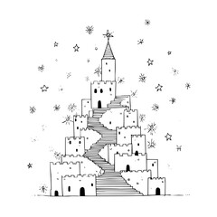 Naklejka premium Sandcastle Tower with Stairs and Snowflakes Isolated on White