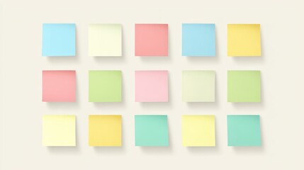 Colorful Sticky Notes Grid on Neutral Background ,Pastel Post-it Reminder Notes for Planning, Brainstorming, Task Organization, Office Productivity, Creative Ideas and Project Management