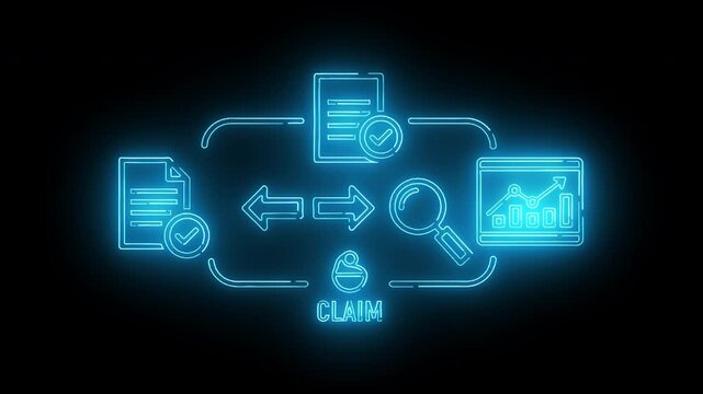 Neon-lit flowchart diagram with glowing blue icons and lines on a black background, illustrating a process or workflow.