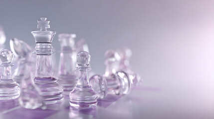 Clear Glass Game Pieces on a Purple-Toned Board with Soft Focus Background Representing Strategy, Challenge, and Business Planning Success
