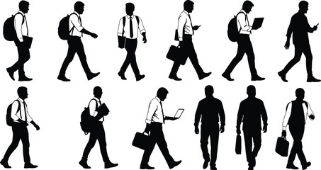 Fototapeta premium Business men silhouettes walking with briefcases, backpacks, smartphones, laptops, diverse gestures, modern professional lifestyle, communication, vector illustration