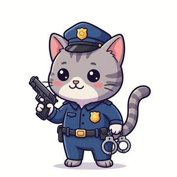 Cute Kawaii Cat Police Officer Holding Pistol and Handcuffs - Brave Law Enforcement Character Vector Illustration