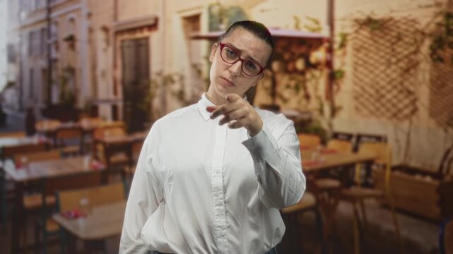 Woman pointing finger at camera in street cafe dining area, wearing white shirt and red glasses; accusation accountability.