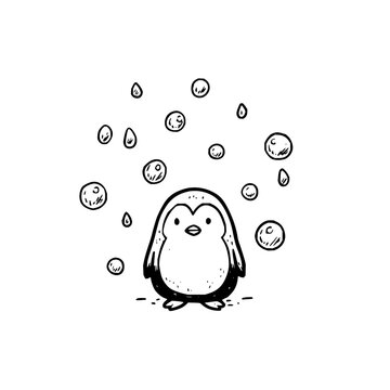 Penguin Surrounded by Raindrops on White Background
