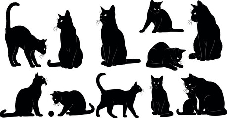  Silhouettes of cats in playful, sitting, standing and stretching poses, vector illustration showcasing feline behavior, decorative artwork for design and nature themes © Sultana