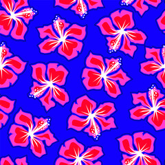 Obraz premium Brazil Inspired Hibiscus Floral seamless Pattern with Pink Flowers and Blue Outline on Blue Background