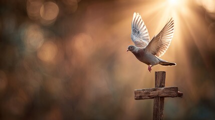 A dove takes flight from a wooden cross in a serene and peaceful environment with warm sunlight shining through
