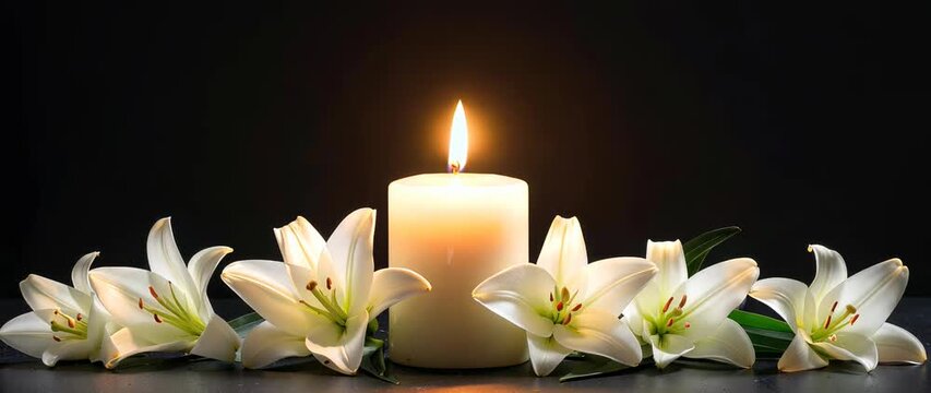 Memorial And Condolences Concept Two Candles With White Lilies On Black Background For Funeral Service Remembrance.