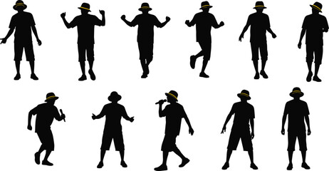 Fototapeta premium Silhouettes of dancer in yellow hat, vector artwork showing expressive poses, dynamic motion, choreography design and performance inspiration