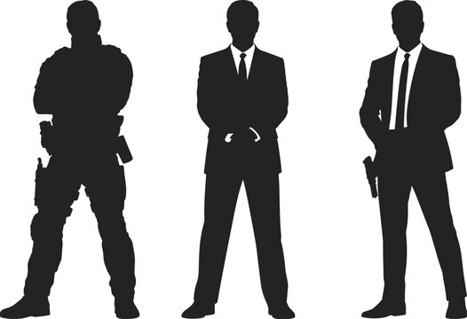 security guard and bodyguard silhouette set, professional protection agents standing, private security service concept, safety personnel vector illustration