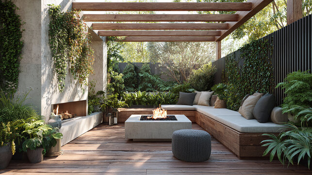 stylish outdoor patio with pergola and fire pit in a modern backyard featuring comfortable seating natural stone wood accents and lush greenery for relaxing evenings