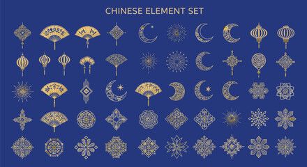 A collection of Chinese elements, including gold ornaments, lunar symbols, and decorative patterns on a blue background, representing traditional Chinese design and culture. © MdSaiful
