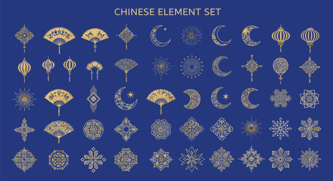 A collection of Chinese elements, including gold ornaments, lunar symbols, and decorative patterns on a blue background, representing traditional Chinese design and culture.