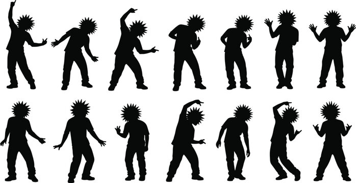 Vector illustration of silhouetted dancer with spiky hair in dynamic poses symbolizing motion, gesture, identity, diversity, culture, tradition, inclusivity, heritage, and education