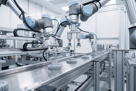 Robotic arms with pneumatic grippers moving gears on automated conveyor belt