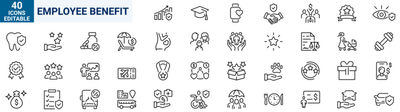 Employee benefit web line icons. Included icons as teamwork, insurance, paid Vacation, pension, social Security. Vector illustration. editable stroke