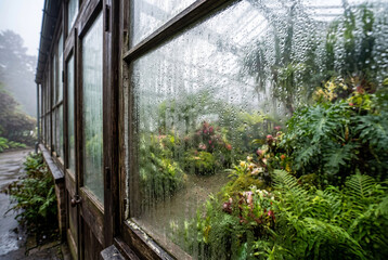 Greenhouse window with morning dew drops and blurred plants inside