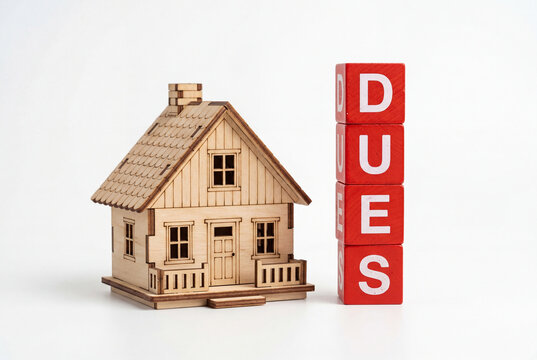 Wooden house model next to red blocks spelling dues
