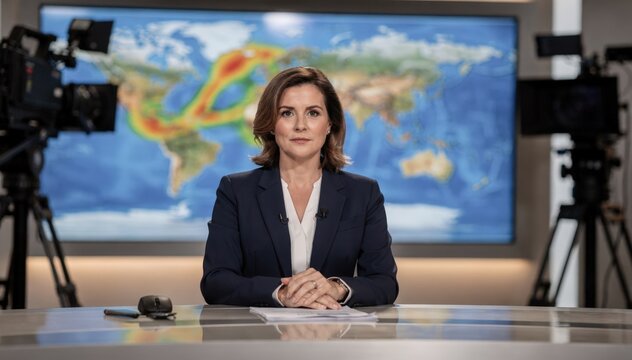Television news host delivering live broadcast from an anchor desk with a weather map screen and studio cameras out of focus in the background.