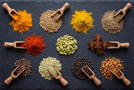 Assortment of herbs and spices turmeric cumin on dark surface
