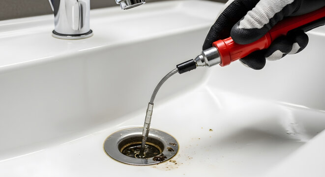 plumbing tool unclogging bathroom sink drain | professional drain cleaning service at home | hand using plumbing snake to remove hair clog | fixing blocked sink with metal auger tool