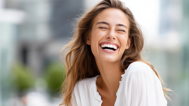 Young woman laughing genuinely with her head thrown back in a bright outdoor setting, authentic unposed portrait of real happiness, genuine laughter outdoor, head back laugh