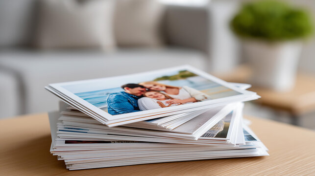 Pile of printed photo memories spread on a table, representing a couple's shared journey and cherished moments, printed photo memories, couple photo pile, shared journey photos,