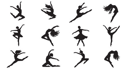 Fototapeta premium A collection of black silhouettes of dancers in various poses on a Transparent Background