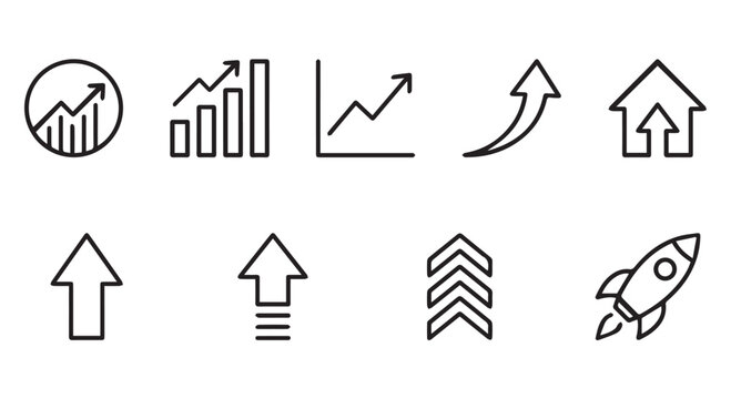 A collection of black and white line icons representing growth and progress in business and finance