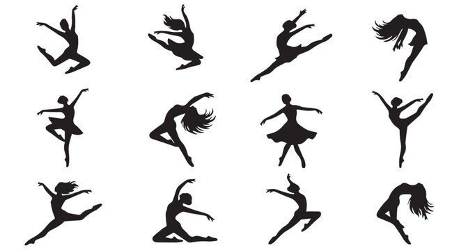 A collection of black silhouettes of dancers in various poses on a Transparent Background