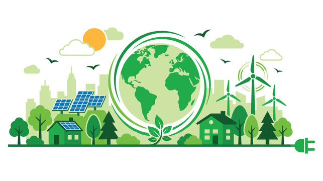 Ecological planet banner with renewable energy technology and nature