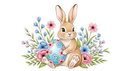 Fototapeta premium Easter bunny surrounded by colorful spring flowers and eggs