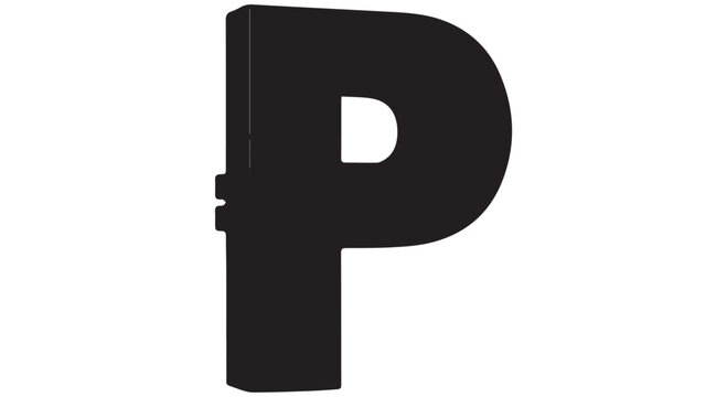 A large black letter P on a Transparent Background with a hinge attached