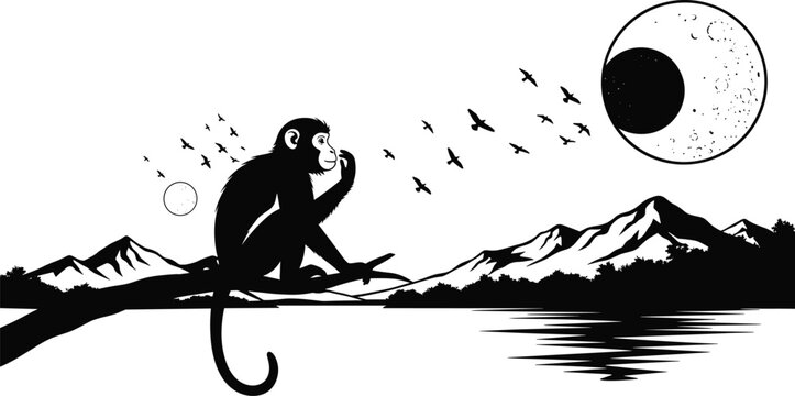 Vector illustration of silhouetted monkey on tree branch with mountains, eclipse, and birds symbolizing contemplation, identity, diversity, culture, tradition, inclusivity, heritage, and education