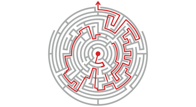 A circular maze with a red path leading to the exit on a Transparent Background
