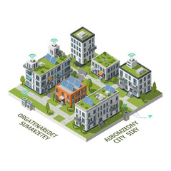 Fototapeta premium Isometric Smart City with Green Energy and Sustainable Buildings.