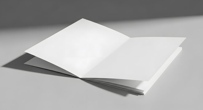 blank open magazine mockup on gray background | minimalist white brochure layout template | realistic paper booklet with soft shadows | clean catalog design preview for branding