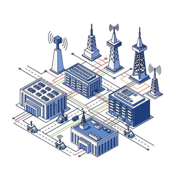 Isometric City Network - Buildings, Towers, and Autonomous Vehicles.