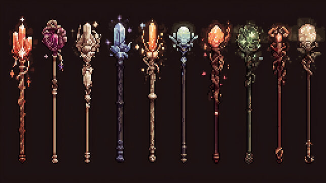 Pixel art magic staffs collection, crystal staffs, wizard staffs, glowing magical elements