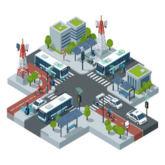 Obraz premium Isometric Cityscape Illustration - Buses, Towers, and Green Roofs.