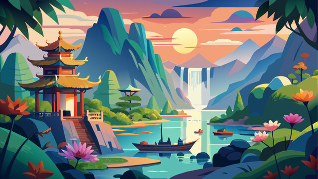 Asian landscape, pagoda, mountain range, serene scenery, vector illustration