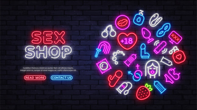 Sex Shop Bright neon banner with adult products icons glowing on a dark brick wall. Modern vector illustration for online store promotion with vibrant symbols of intimacy and nightlife style.