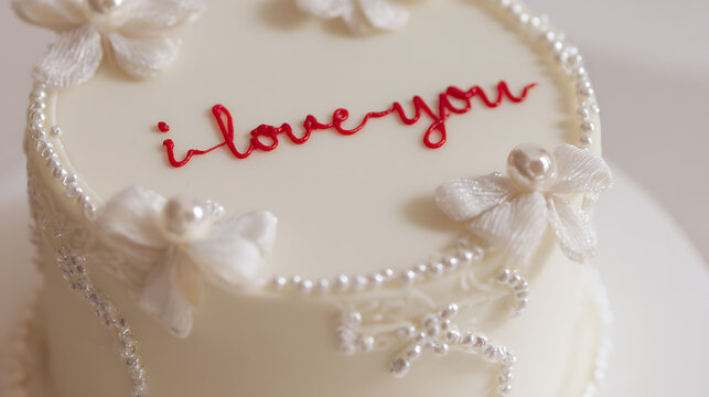 Elegant white cake with red "i love you" script and delicate pearl and lace decorations for romantic celebrations and special occasions