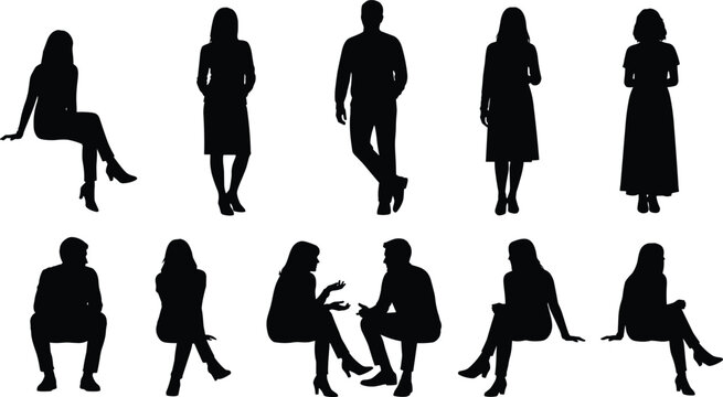 Vector illustration of silhouetted people in seated and standing poses symbolizing posture, gesture, identity, diversity, culture, tradition, inclusivity, heritage, and education