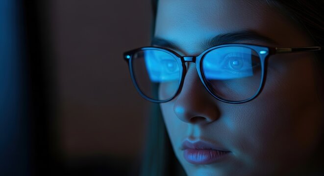 Woman wearing blue light glasses looking at screen for eye protection and health focus