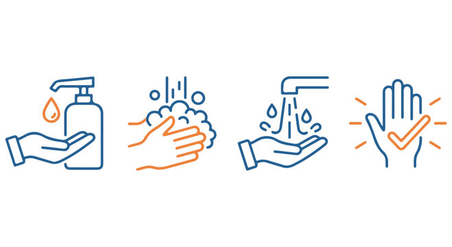 Four hand hygiene icons illustrating handwashing steps for cleanliness and health
